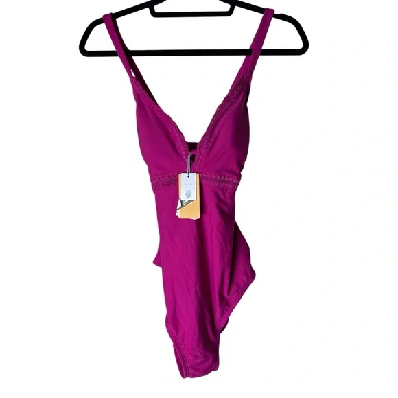 Women’s Hot Pink One-Piece Swimsuit with Crochet Trim - Picture 3 of 3
